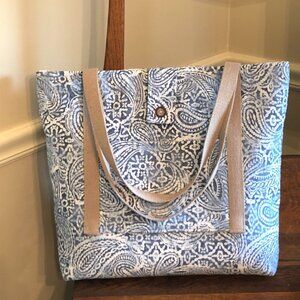 BLUE & IVORY LARGE TOTE BAG ~  PAISLEY CANVAS FABRIC ~  Beach/Computer Bag